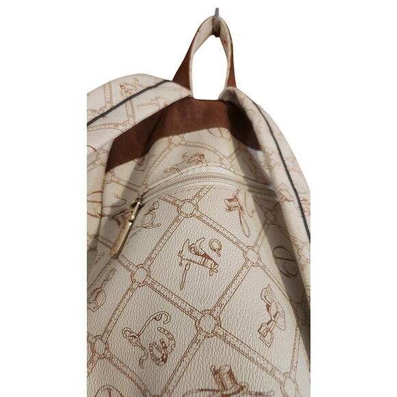 Giulia Pieralli Beige Logo Print Backpack Purse Brown Trim - Picture 8 of 11